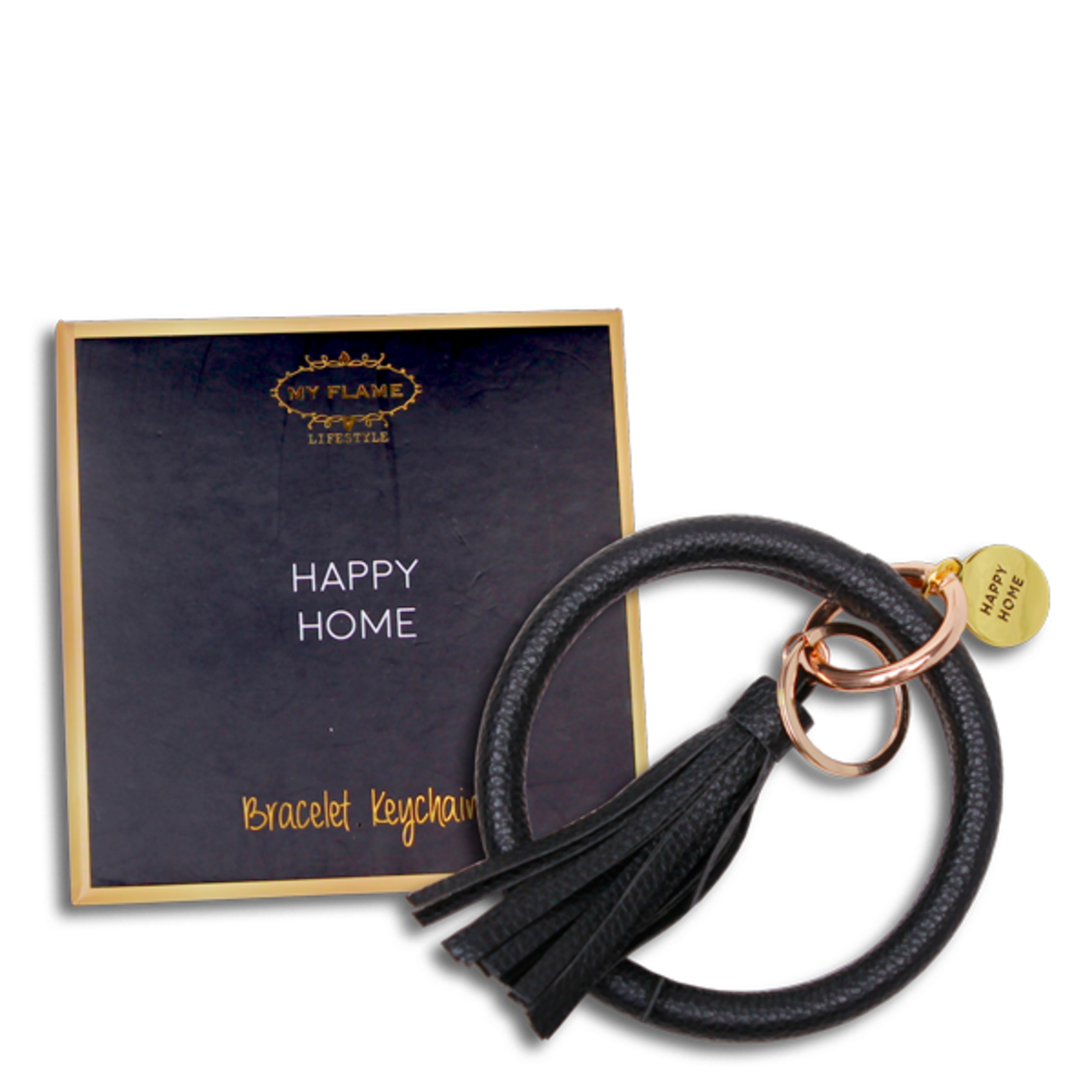 Sleutelhanger in doosje - Happy home - Zwart