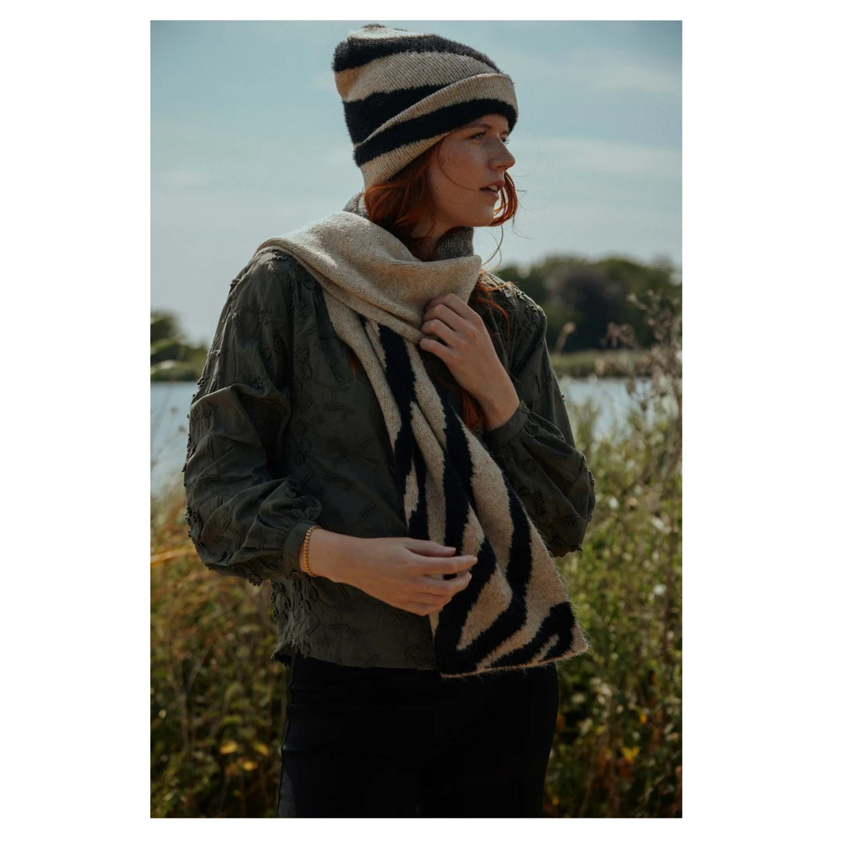 Zusss Muts gebreid met zebra design - Acryl/Polyester/Elasthan/Polyamide/Wol - Zwart/Beige