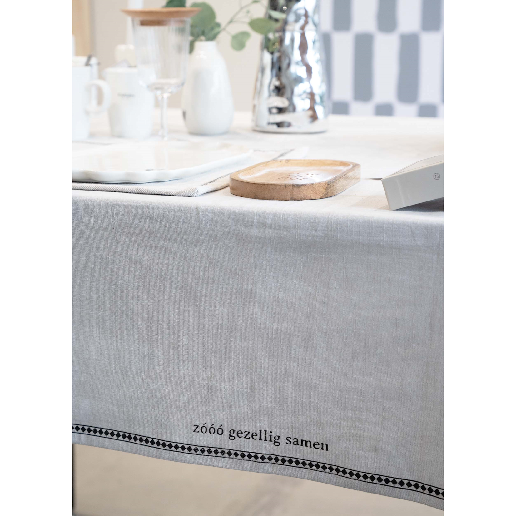 Zusss Tafelkleed - "Good food good mood" - 100% Katoen - Zand/Antracietgrijs - 250x150cm