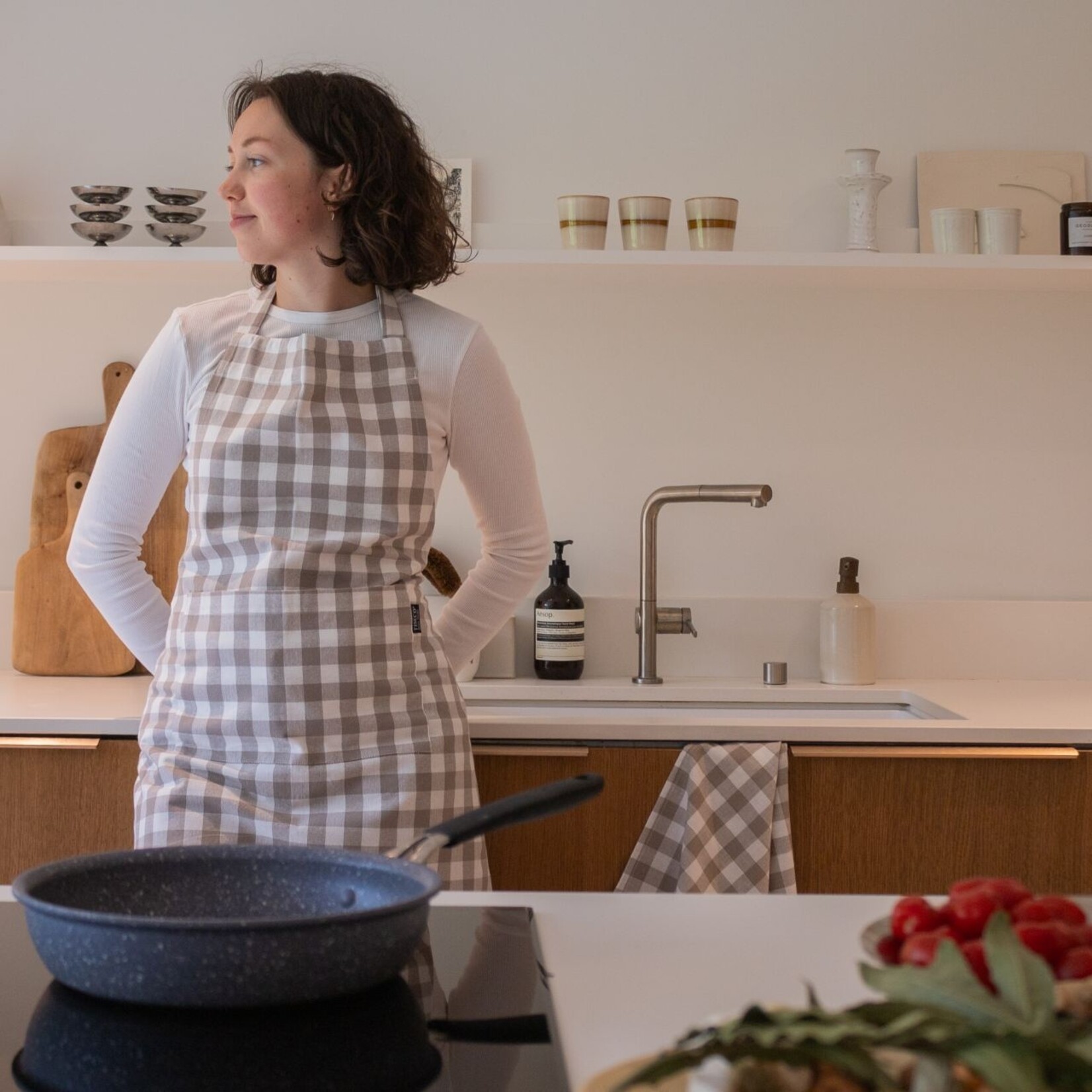 Keukenschort GINGHAM - 100% katoen - Taupe - 80x74cm