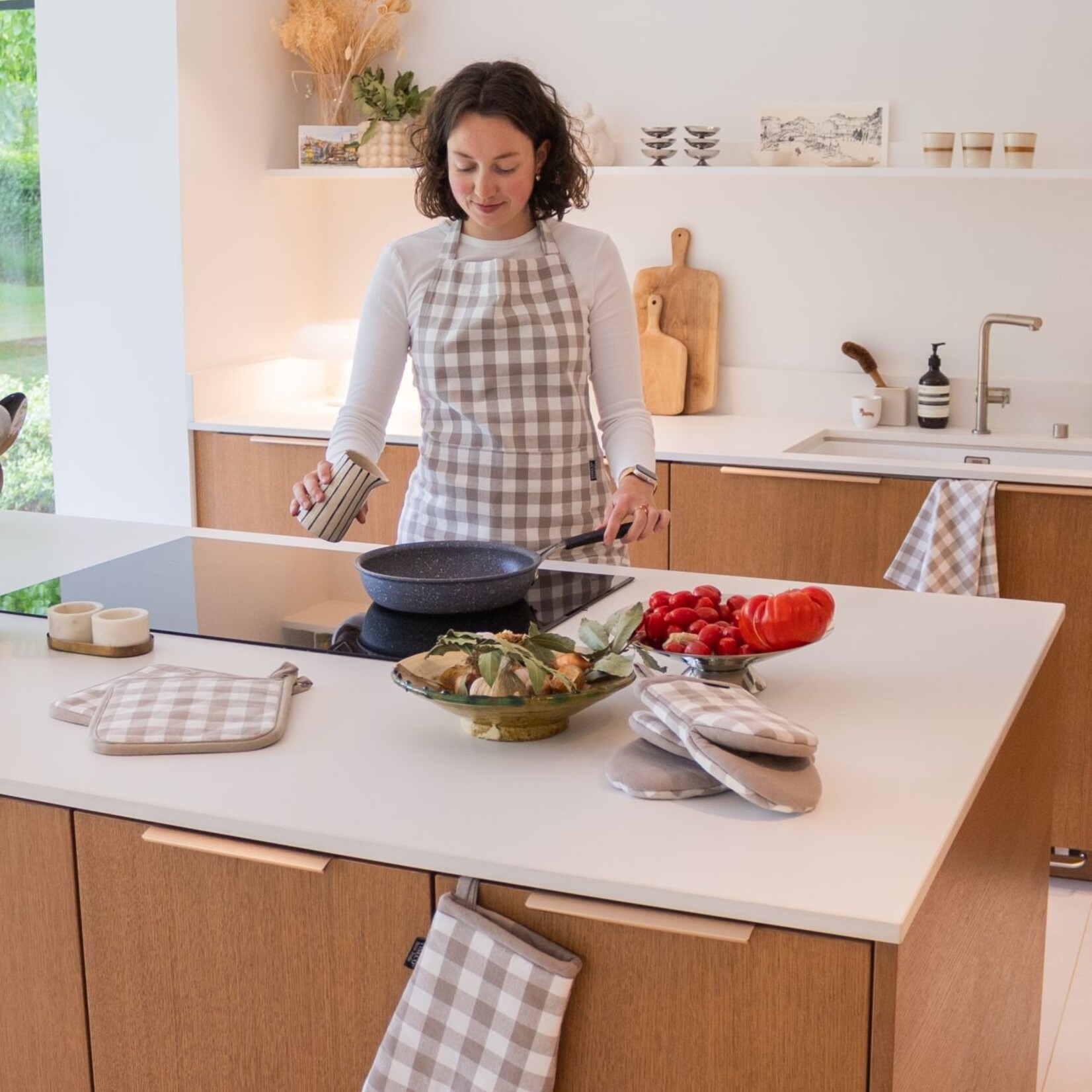 Pannenlappen GINGHAM - 100% katoen - Taupe - 20x20cm - Set van 2