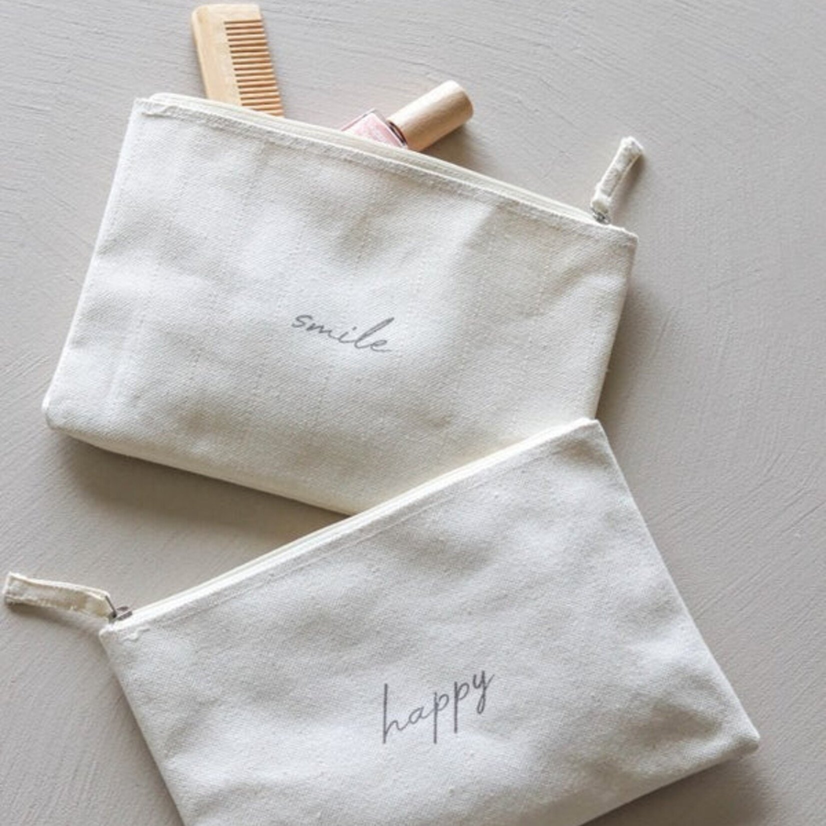 Toilet-/Make-up tas MARIT - "Happy"- Katoen - Naturel - 22 x 14 cm