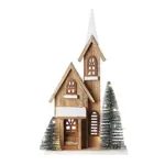 Huisje LED met boompjes - Hout - Naturel/Groen - 24 x 9 x 42cm