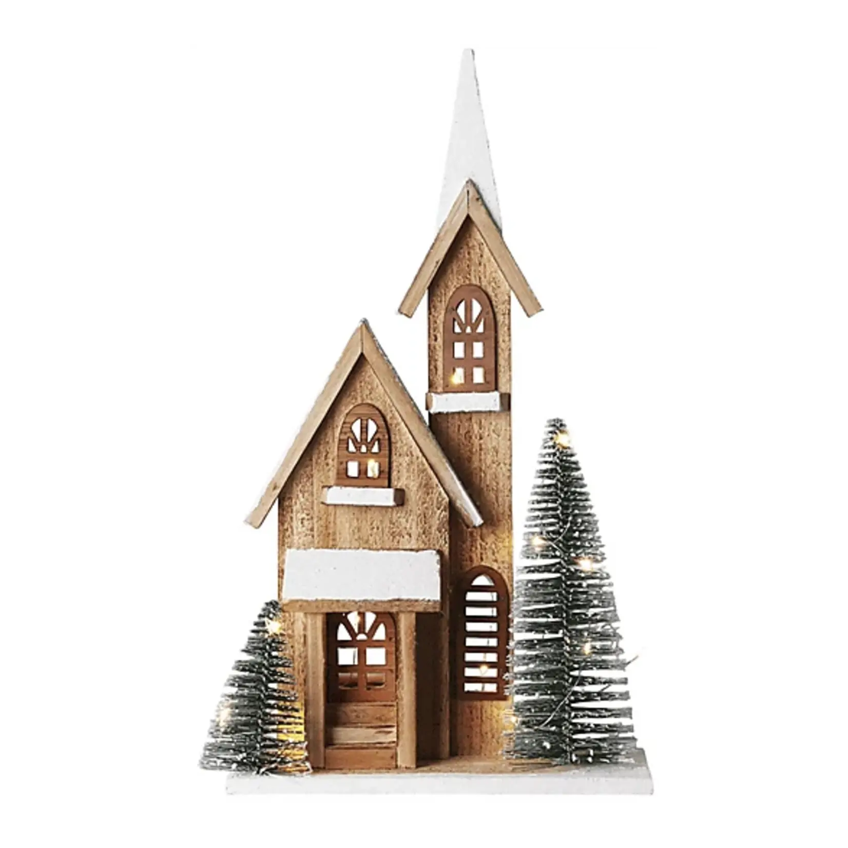 Huisje LED met boompjes - Hout - Naturel/Groen - 24 x 9 x 42cm
