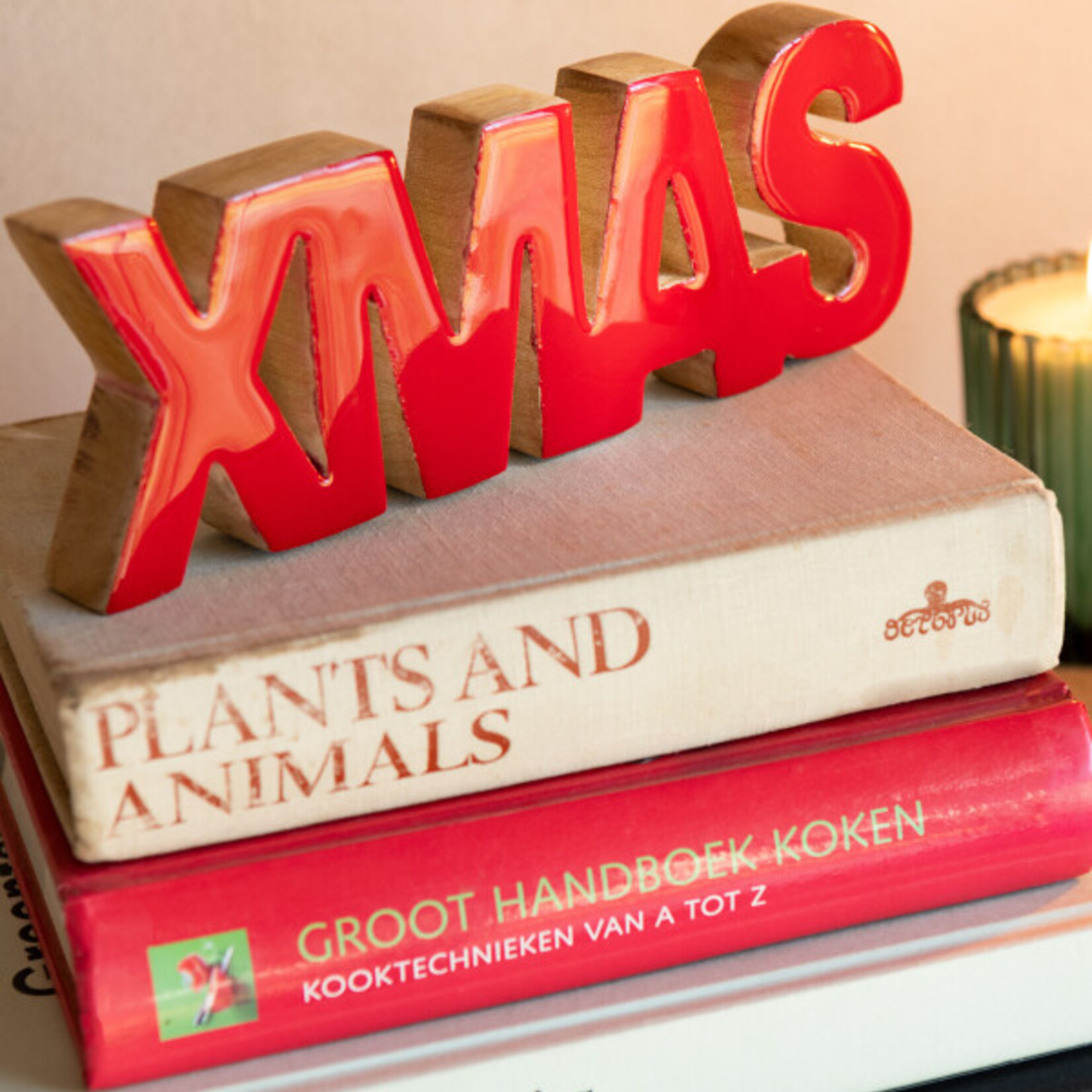 Woord "Xmas" - Mangohout - Rood/Naturel - 22 x 8 x 2,5cm