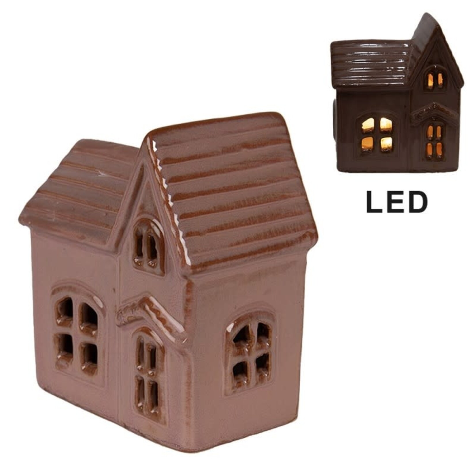 Huisje met LED  - Keramiek - Beige - 10 x 6 x 12cm