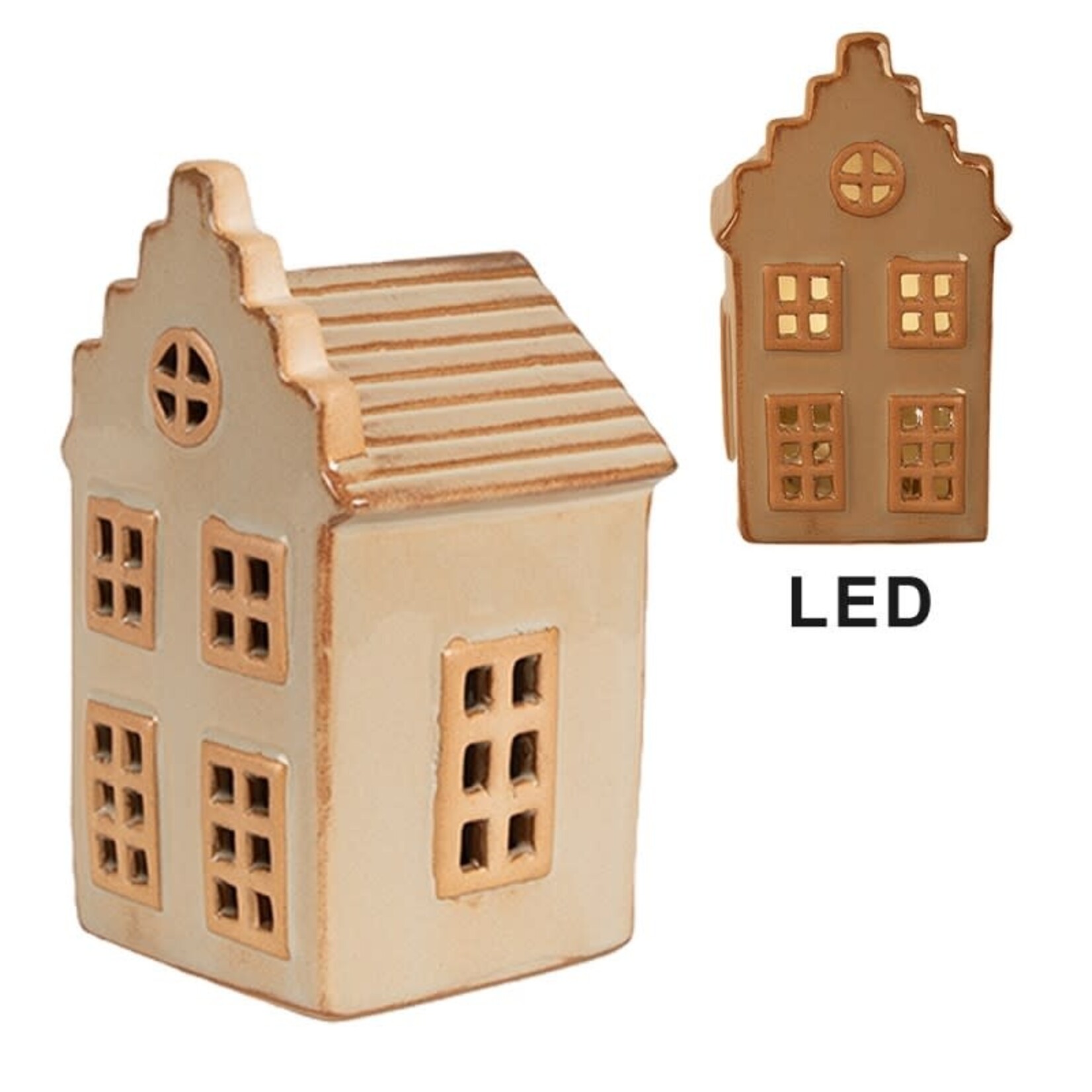 Huisje met LED - Keramiek - Beige - 6 x 6 x 11cm