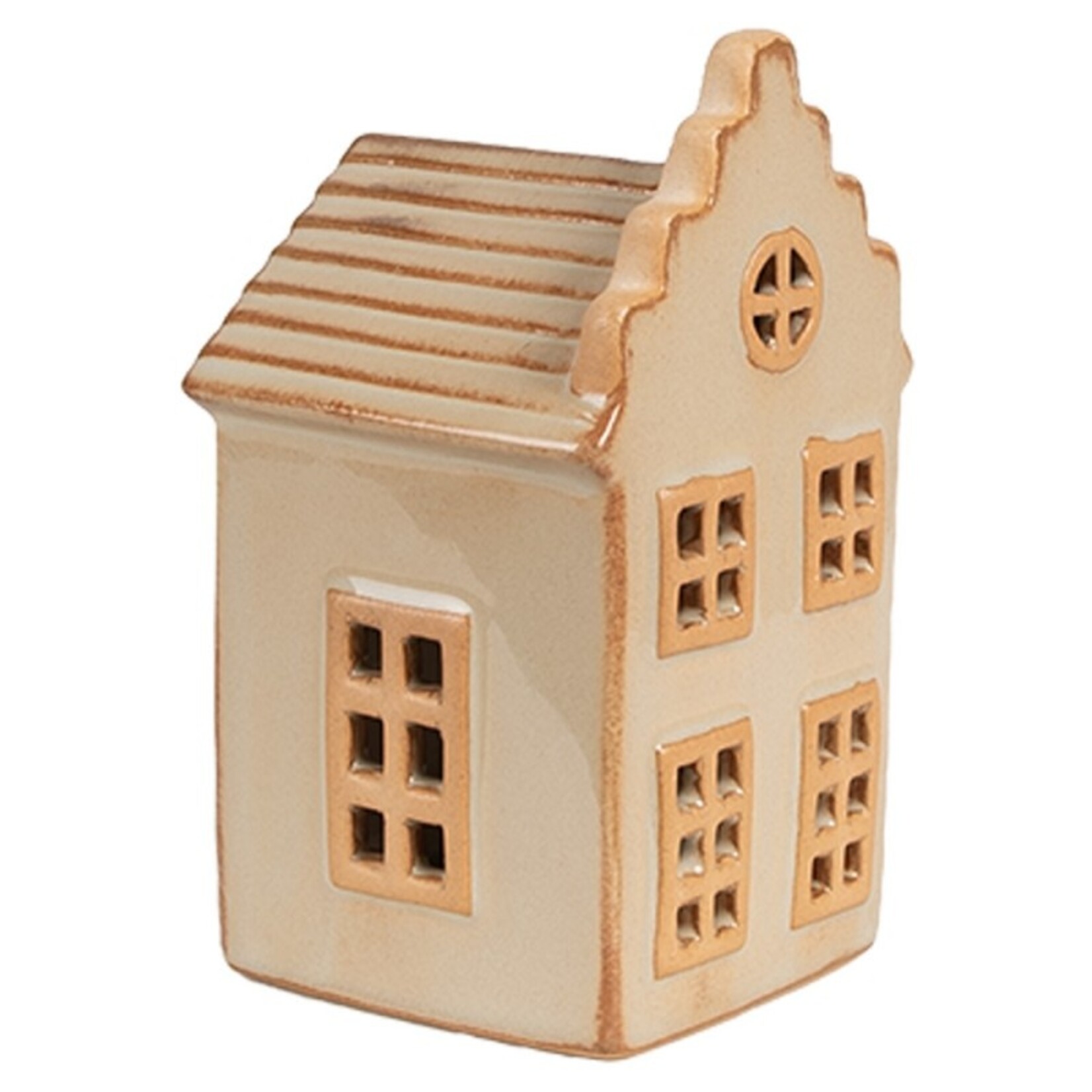 Huisje met LED - Keramiek - Beige - 6 x 6 x 11cm