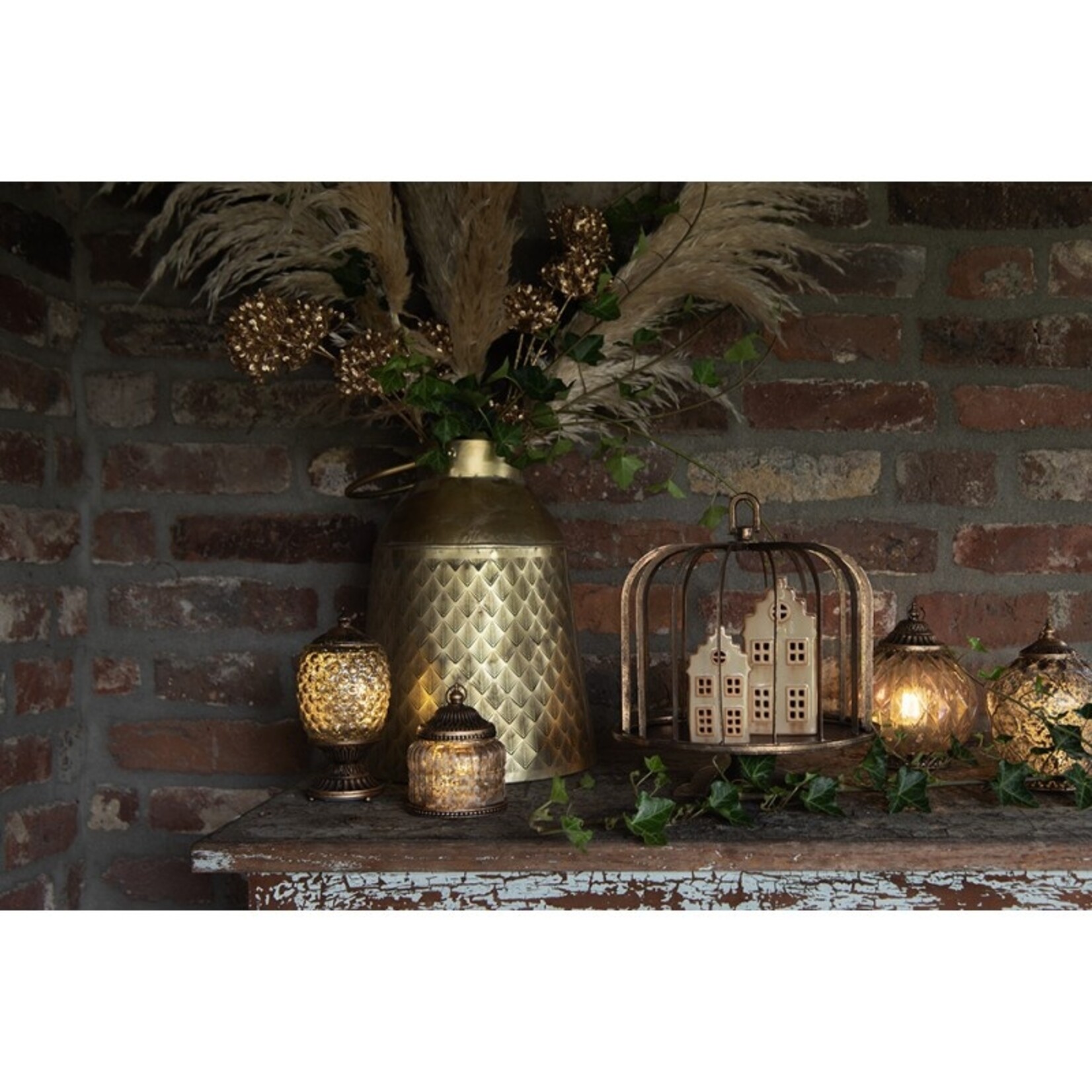 Huisje met LED - Keramiek - Beige - 6 x 6 x 11cm