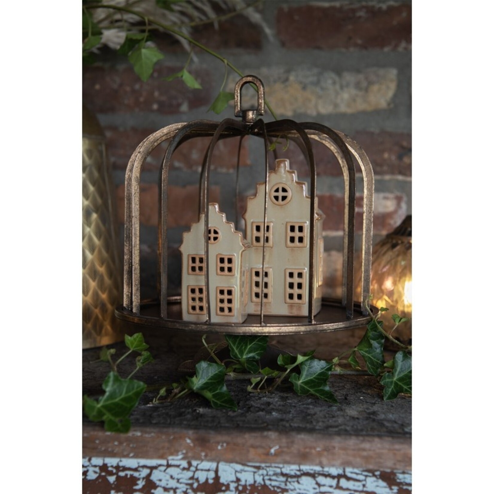 Huisje met LED - Keramiek - Beige - 6 x 6 x 11cm