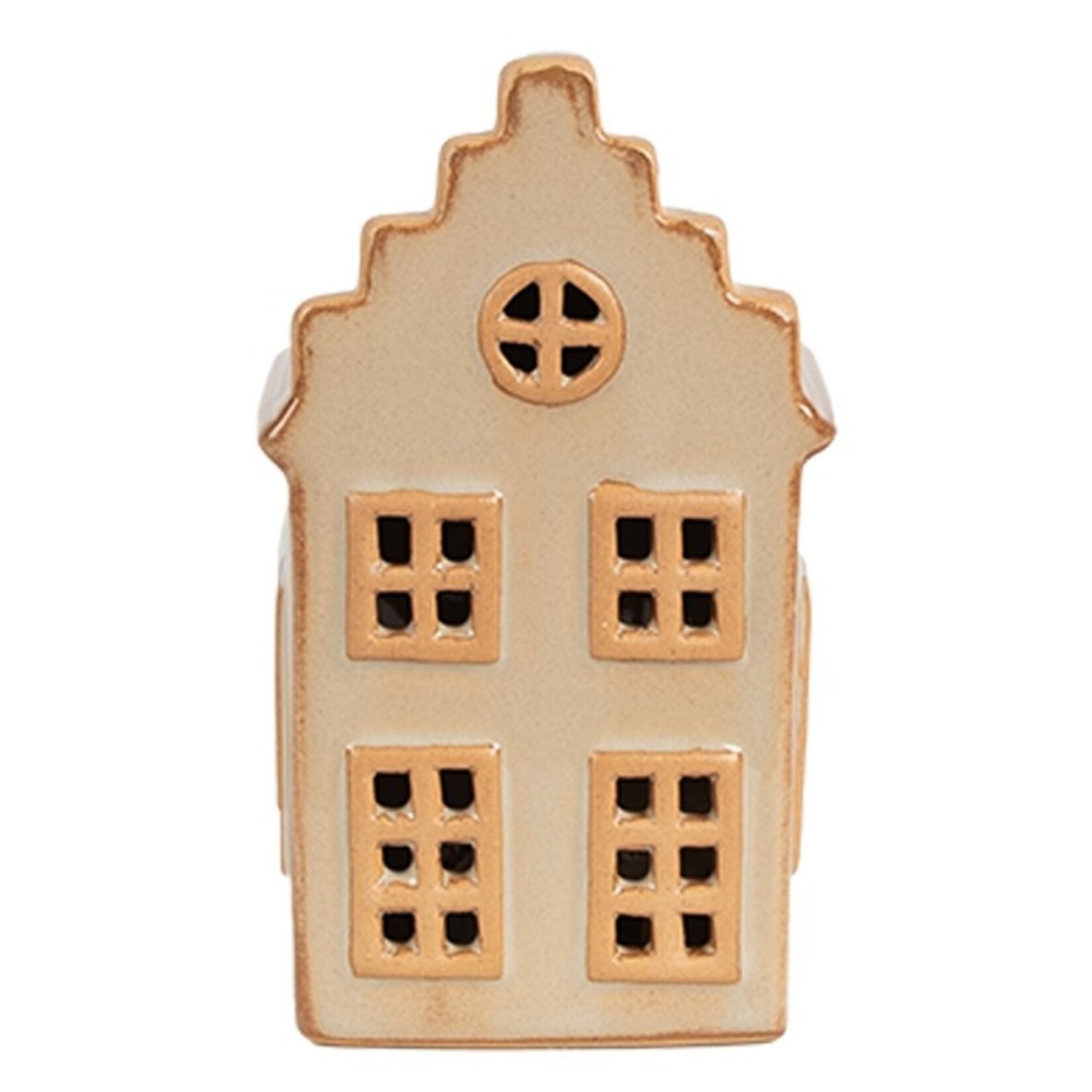 Huisje met LED - Keramiek - Beige - 6 x 6 x 11cm