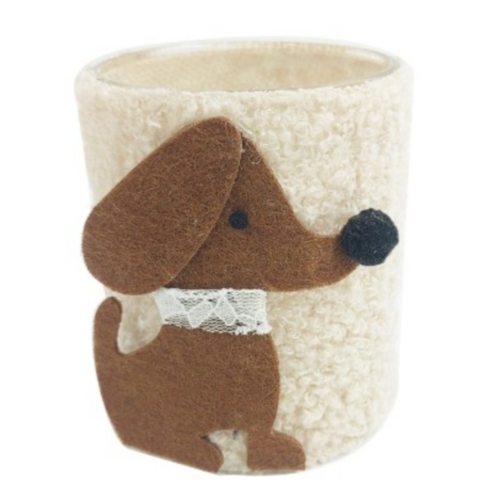 Theelichthouder hond - Glas/Stof - Beige/Bruin - Ø8x10cm