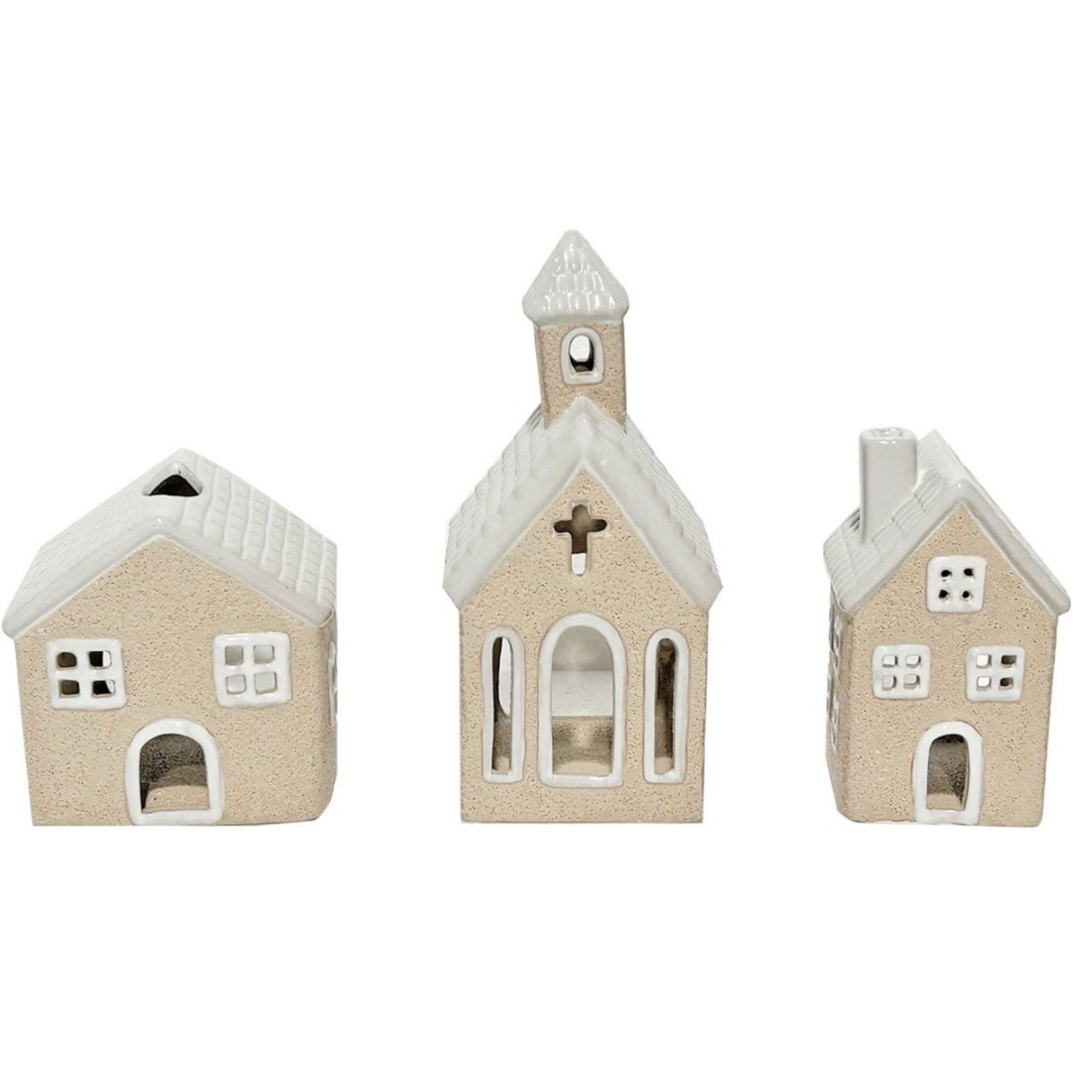 Theelichthuisjes - Cadeaupakket - Keramiek - Zand - Set van 3