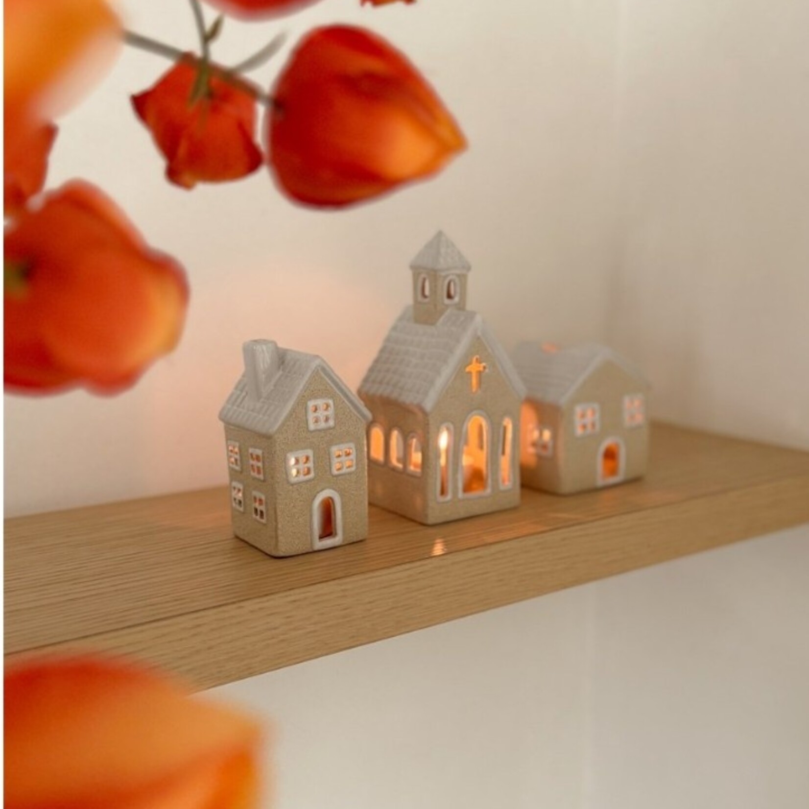 Theelichthuisjes - Cadeaupakket - Keramiek - Zand - Set van 3