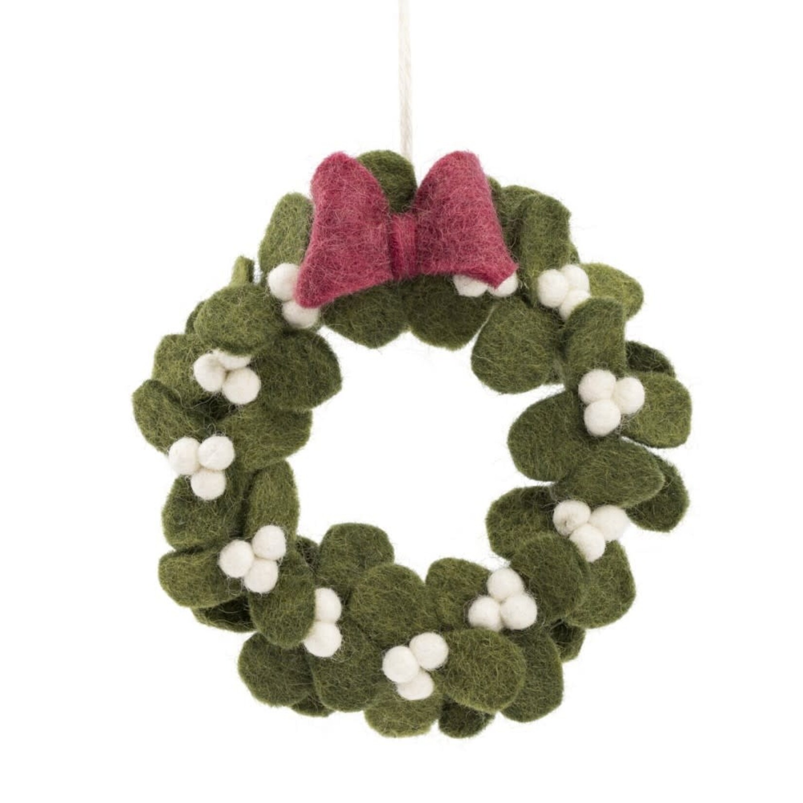 Hanger - Krans Mistletoe met strik - Vilt - Groen/Rood/Wit - Ø14 x 2cm