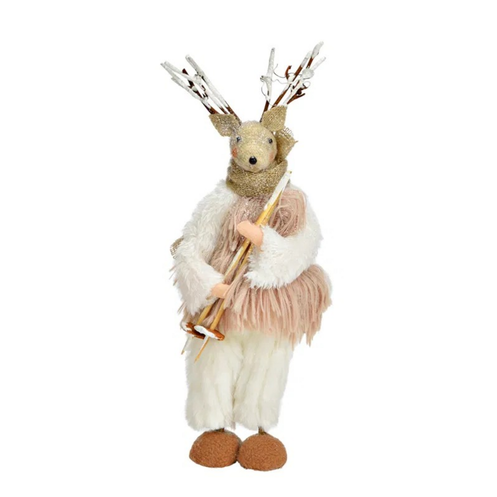 Hert met skistokken - Textiel - Beige - 11 x 8 x 26cm