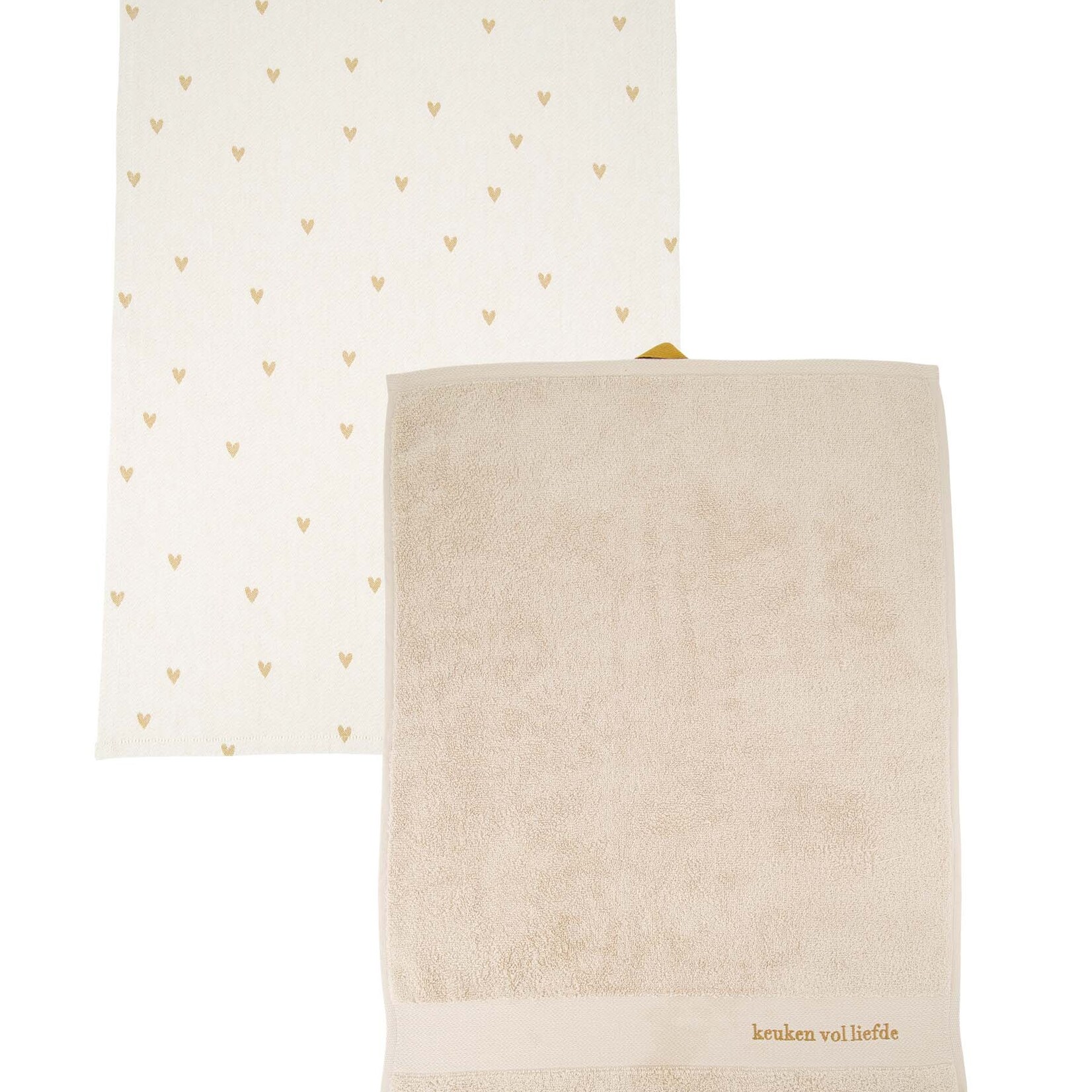 Zusss Hand-/Theedoeken set - "Keuken vol liefde" / Hartjes - Wit/Oker - 70x50cm