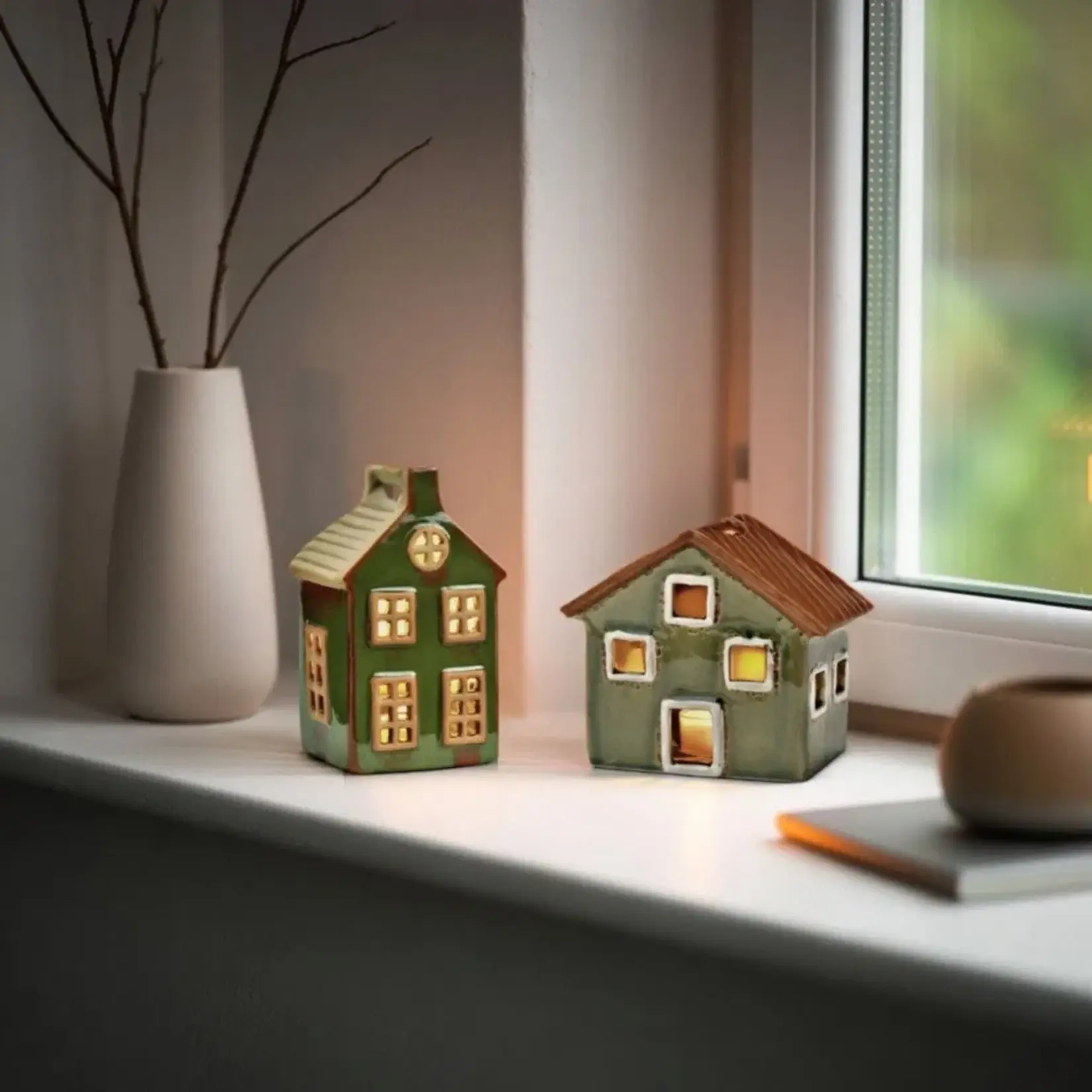 Theelichthuis - Keramiek - Groen - 13x8x11cm