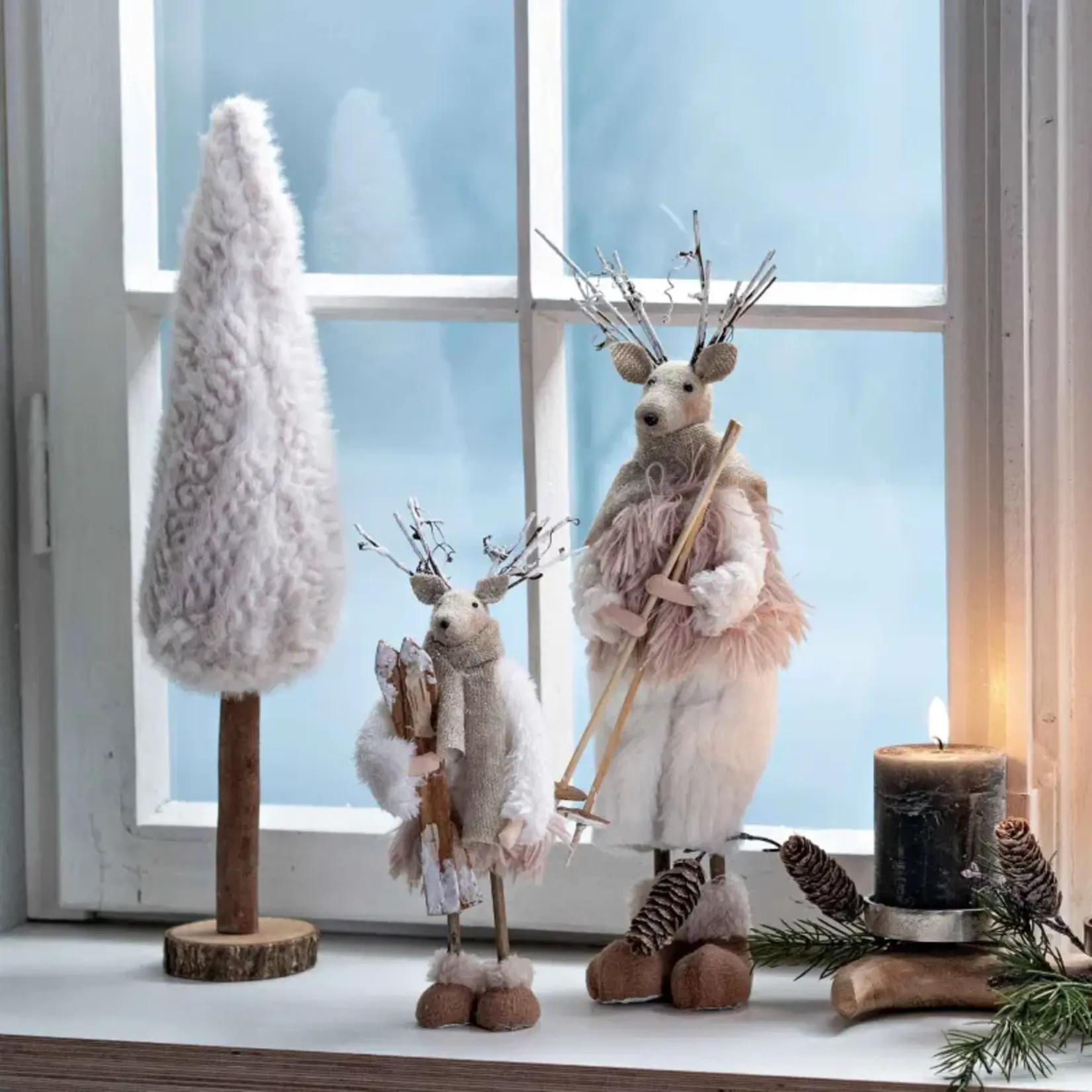 Hert met skistokken - Textiel - Beige - 11 x 8 x 26cm