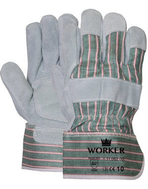 Rundsplitlederen handschoen met palmversterking en groen gestreept doek