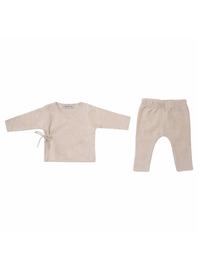 Overslagtruitje + broekje maat 50/56 Soft Sand velvet rib