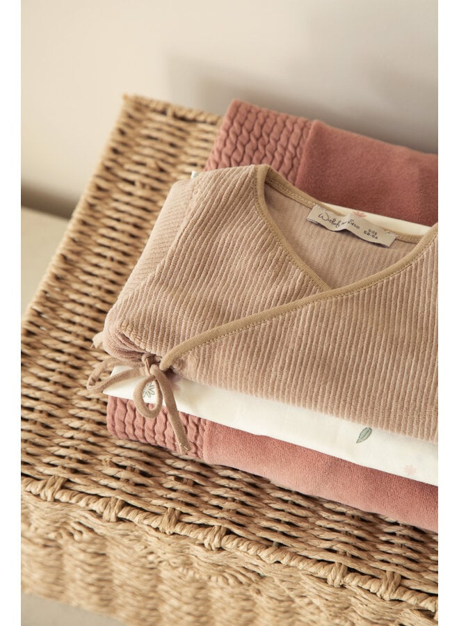 Overslagtruitje + broekje maat 50/56 Urban Taupe velvet rib