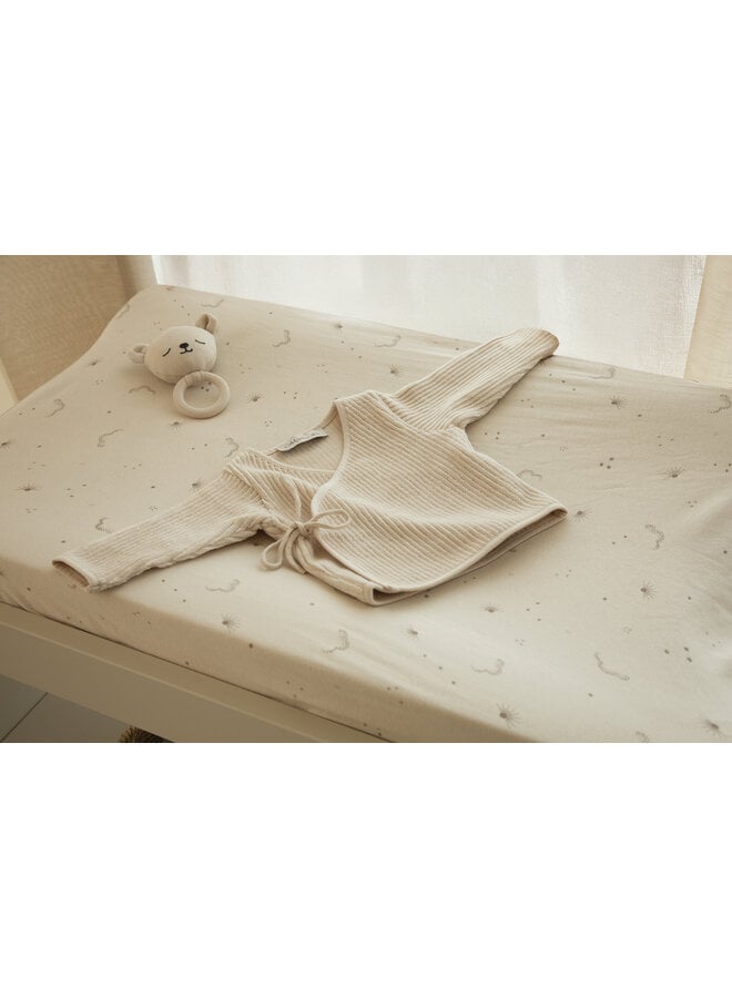 Overslagtruitje + broekje maat 62/68 Soft Sand velvet rib