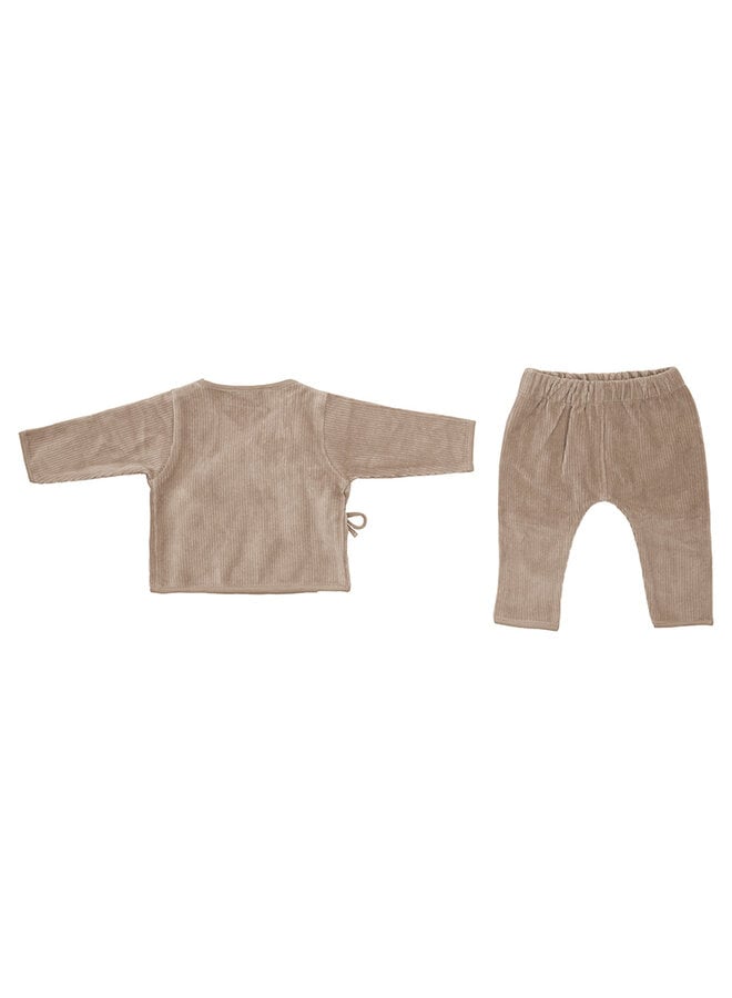 Overslagtruitje + broekje maat 62/68 Urban Taupe velvet