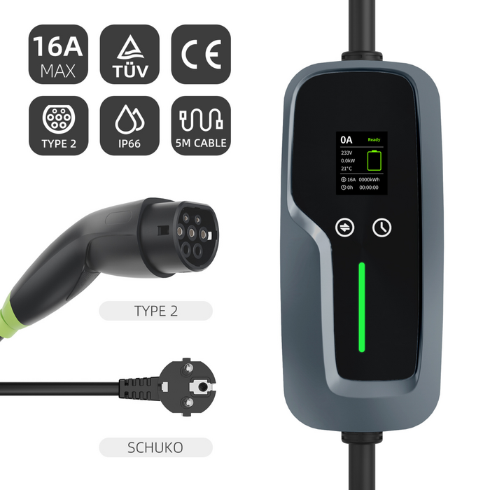 LDY Chargeur domestique mobile Loady Type 2 avec bouton Tesla - Schuko - 16A