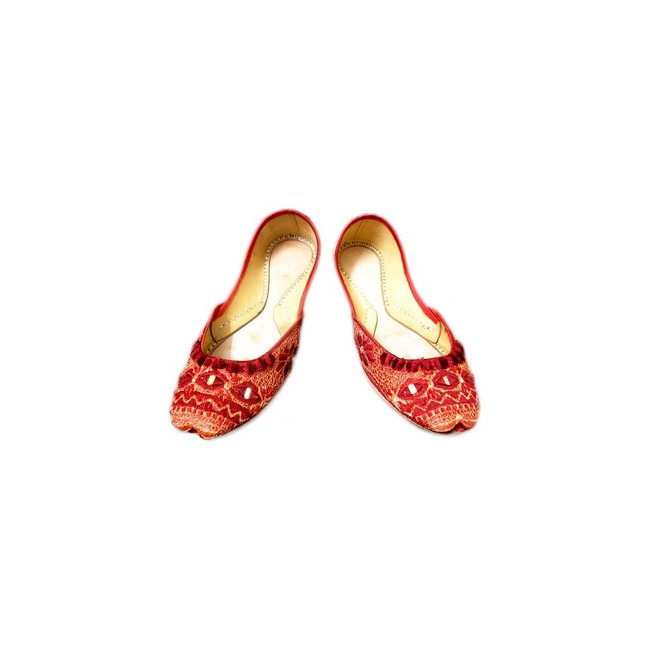 Leather slip-on khussa with mirror embroidery - Red