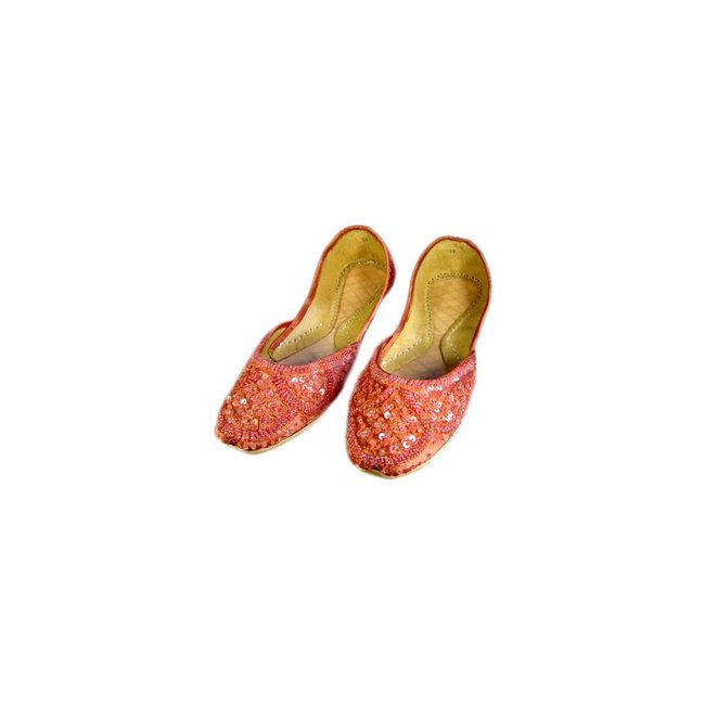 Orientalische, Indische Pailletten Ballerina Schuhe aus Leder - Lachsrot