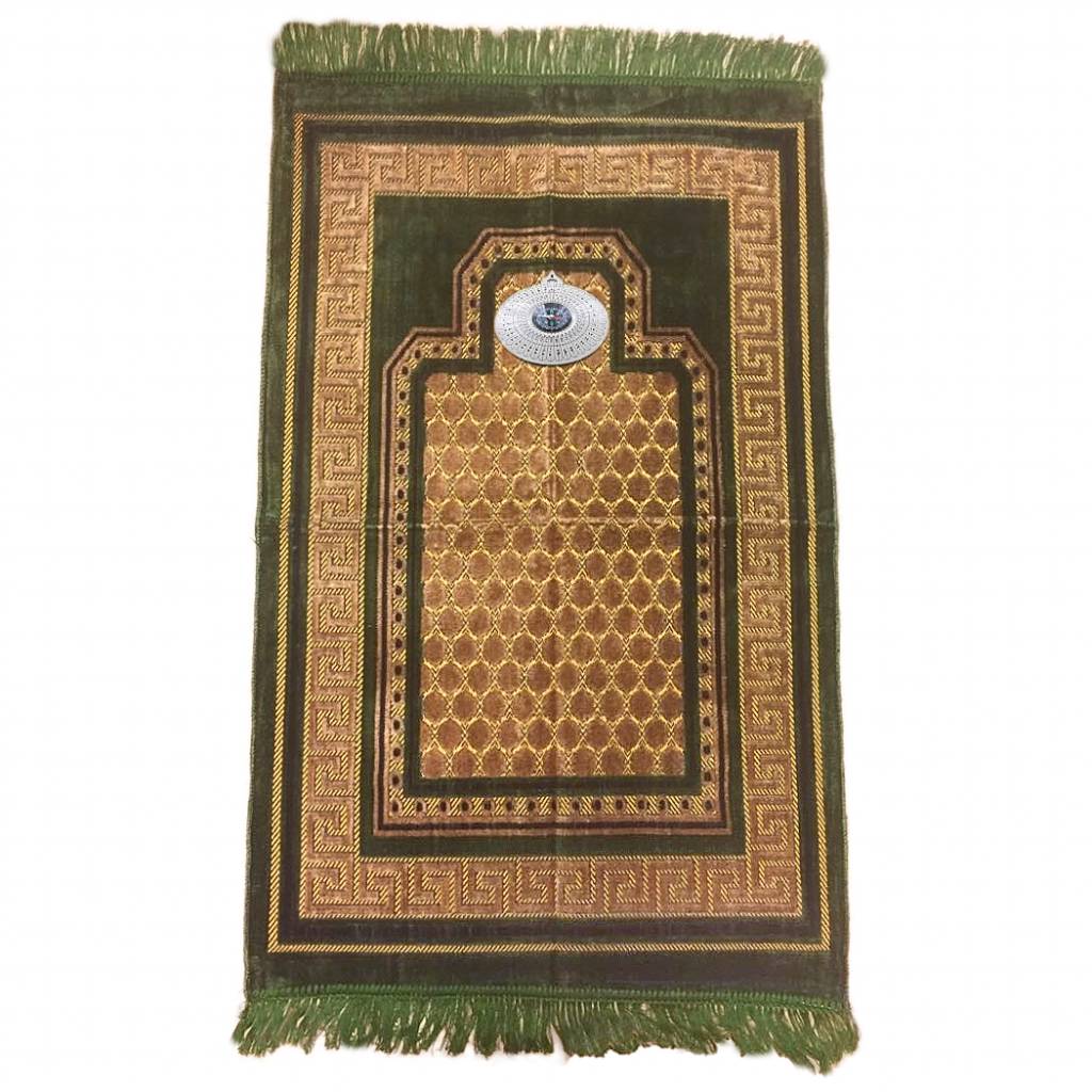 Prayer Rug Mat With Compass Islamic In Green OrientalStyle