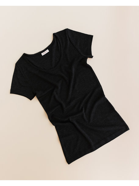 Unaduna Women's shirt short sleeves pointelle wool/silk - ebony