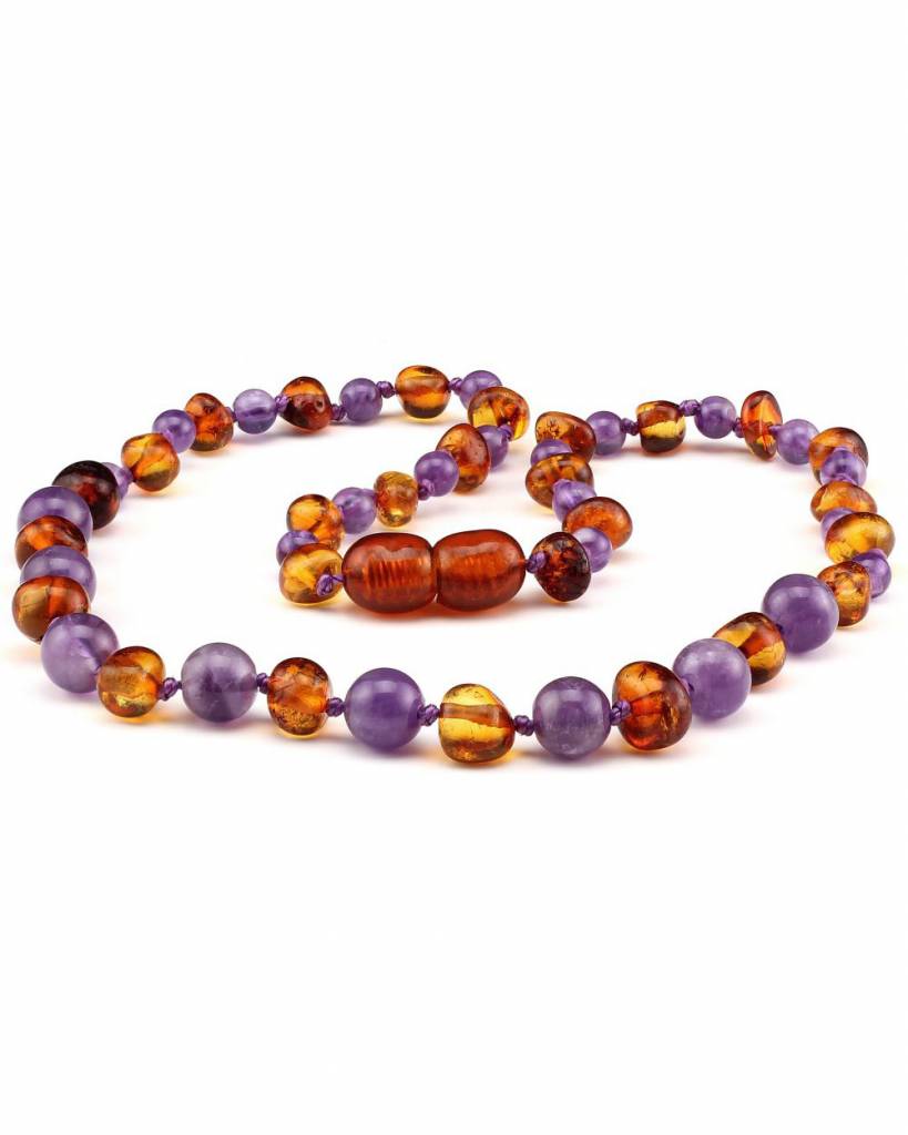 Amber Baby Necklace with Gemstones 32 cm - Amethist/Cognac