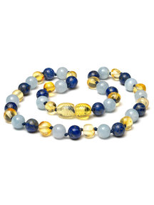 Amber Amber Baby Necklace with Gemstones 32 cm - Lapis Lazuli/Aquamarine