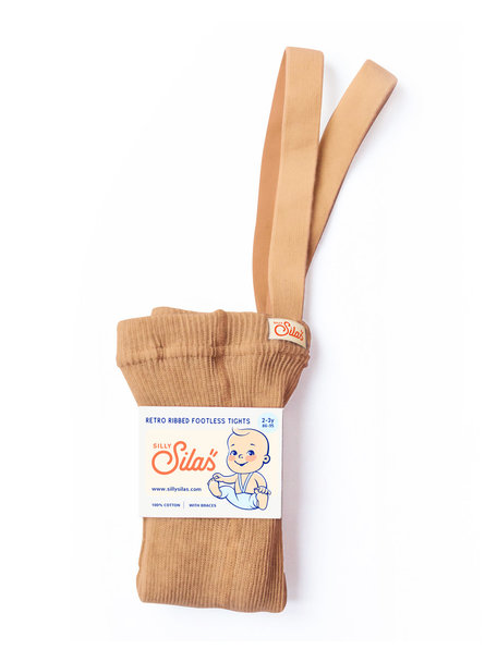 Silly Silas Footless Retro Ribbed Tights with Braces - Light Brown