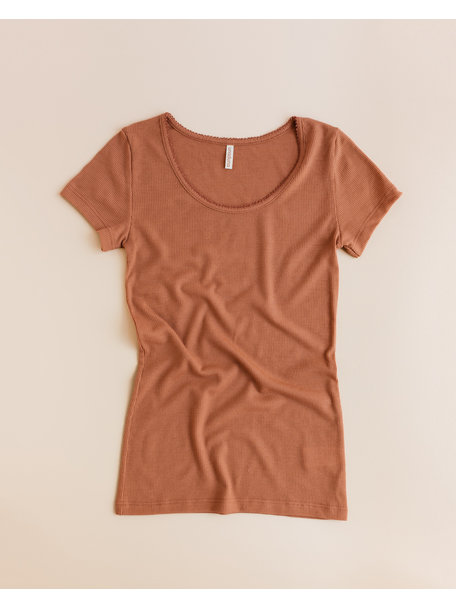 Unaduna Women's shirt short sleeves tiny rib wool - sienna clay