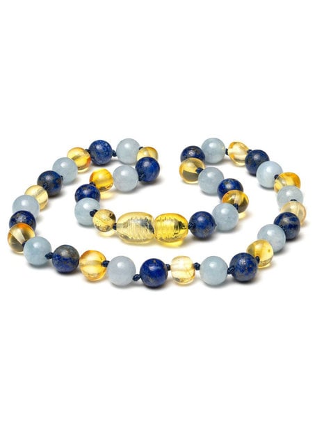 Amber Amber Kids Necklace with Gemstones 38 cm - Lapis Lazuli/Aquamarine