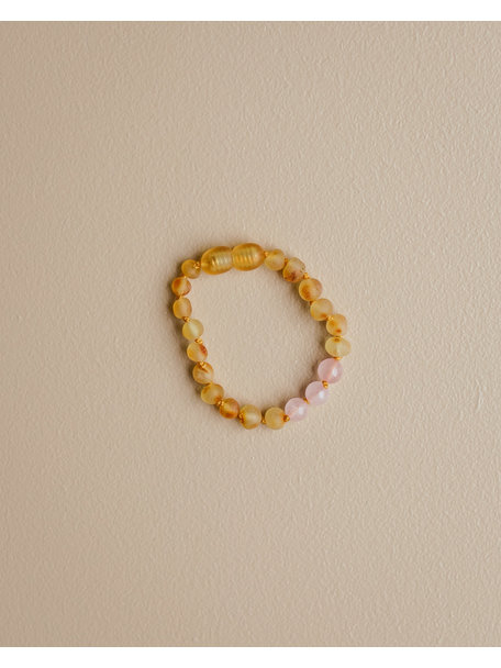 Amber Amber Baby Bracelet with gemstones 14cm - Rose quartz/honey raw