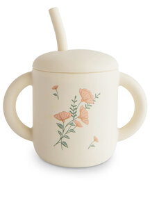 Mushie Training cup with straw - pink flowers Mushie Training cup with straw - pink flowers