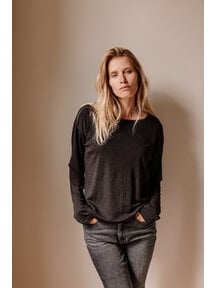Unaduna Relaxed-fit longsleeve Mari pointelle wool/silk - ebony