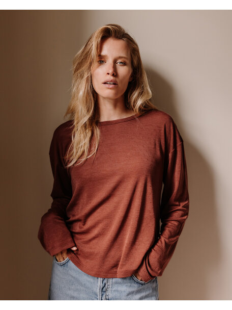 Unaduna Relaxed-fit longsleeve Mari pointelle wool/silk - henna dune