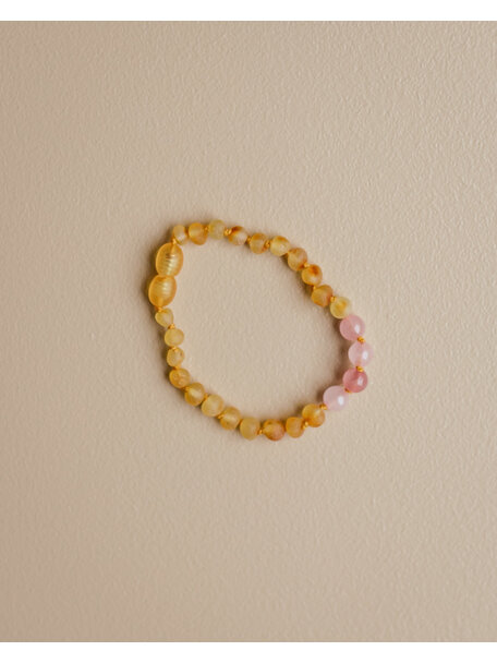 Amber Amber Kids Bracelet with gemstones 16,5 cm - rose quartz/honey raw