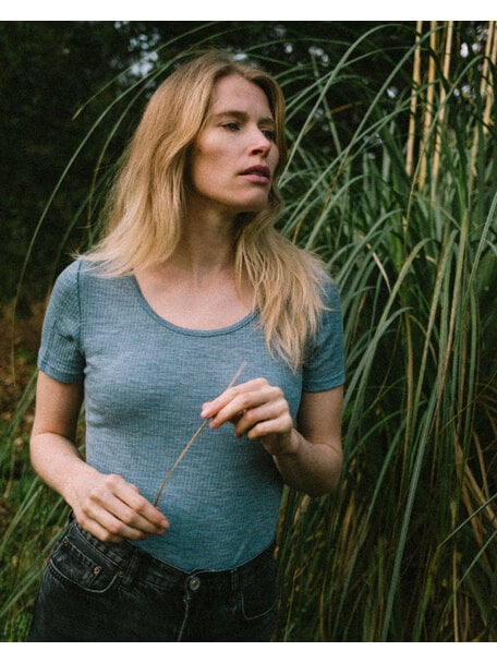 Unaduna Women's shirt short sleeves of wool rib - nila