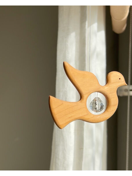 Handmade Cherry wood pendant - peace dove with 15mm crystal