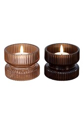Kaarshouder - Amber/Bruin Glas, Ø9x7 cm - Set van 2