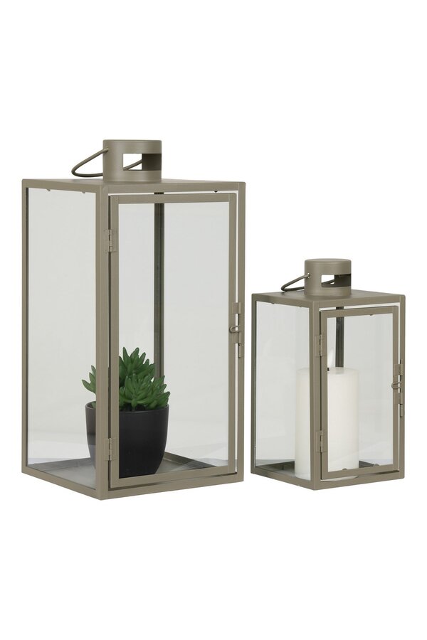 Corfu Lantaarns - Groen, Staal, Glas, 13/19.5x13/19.5x25.5/40 cm - Set van 2