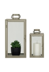 Corfu Lantaarns - Groen, Staal, Glas, 13/19.5x13/19.5x25.5/40 cm - Set van 2