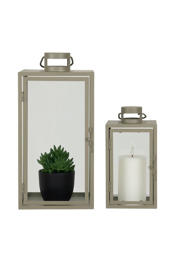 Corfu Lantaarns - Groen, Staal, Glas, 13/19.5x13/19.5x25.5/40 cm - Set van 2