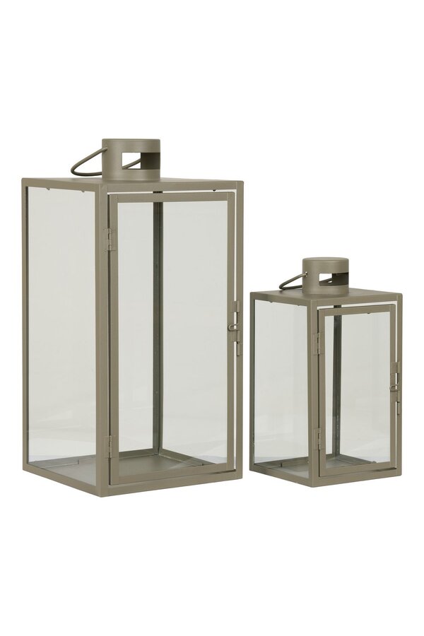 Corfu Lantaarns - Groen, Staal, Glas, 13/19.5x13/19.5x25.5/40 cm - Set van 2
